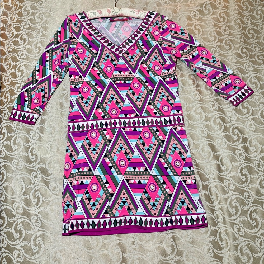 Macbeth Collection by Margaret Josephs Pink, Teal & Black Geometric V‑Neck Dress